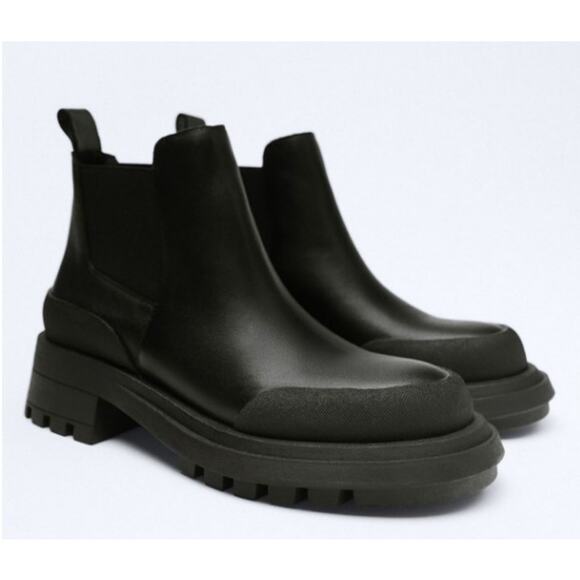 ZARA Flat Leather Ankle Boots Chunky Lug Sole Boot, Black - Picture 1 of 11
